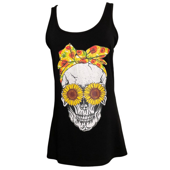 Womens Small Black T-Shirt Skull Sunflower Graphic Tank Top Sleeveless Halloween - Picture 1 of 11